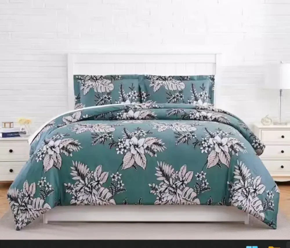 SouthShore Duvet Cover 2 Shams NEW Floral Green All Cotton Button Closure